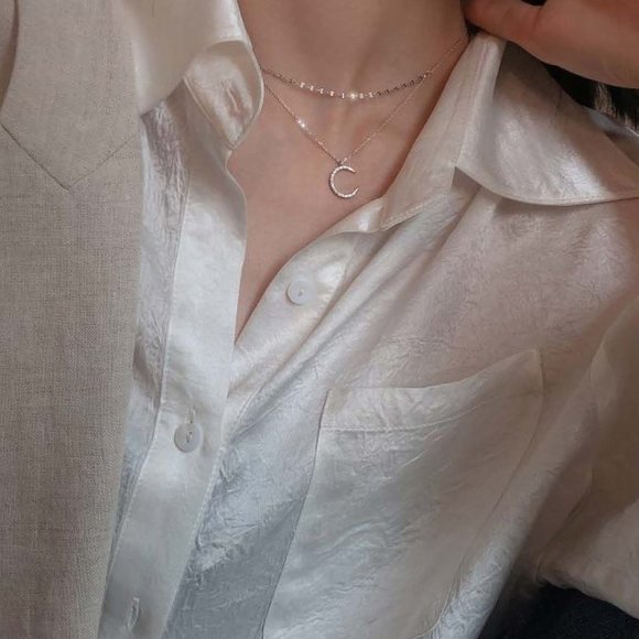 925 Silver Double Necklace Topaz Moon Pendant - Very Dainty - Picture 2 of 9